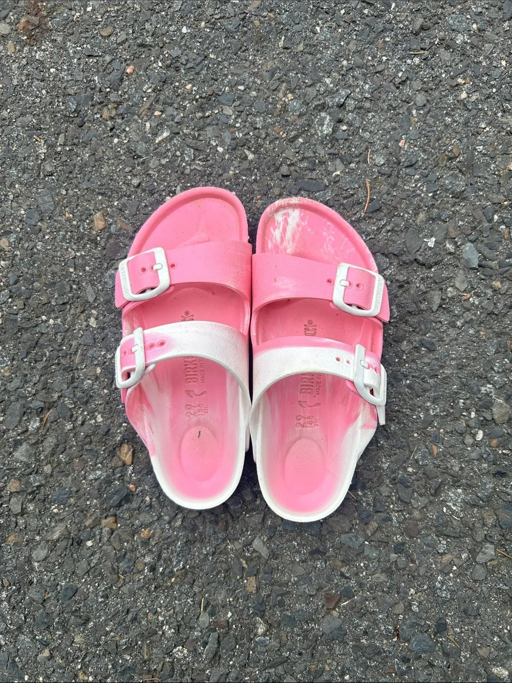 Birkenstock Pink and White Kids Slide Sandals with Buckle Straps